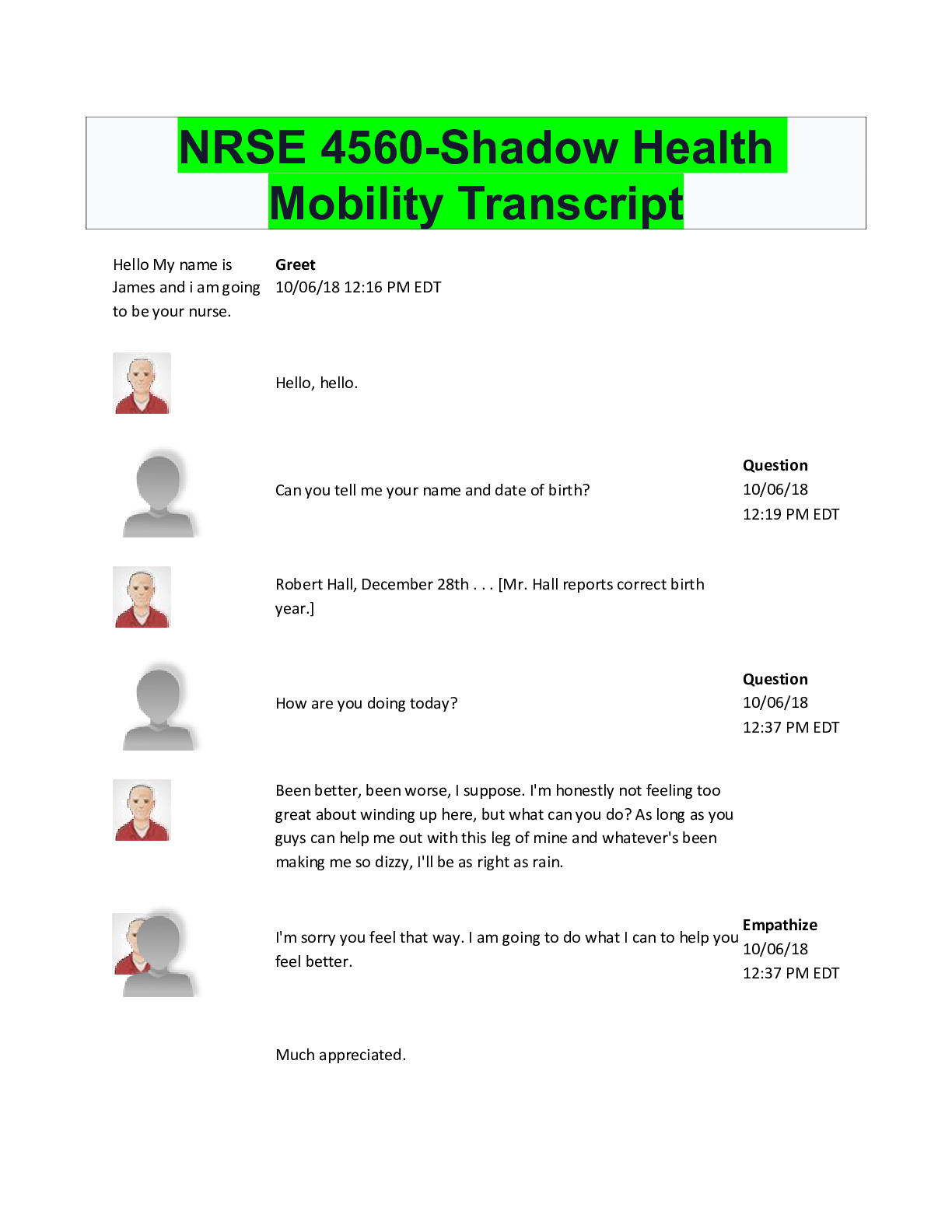 Preview image of NRSE 4560-Shadow Health Mobility Transcript document